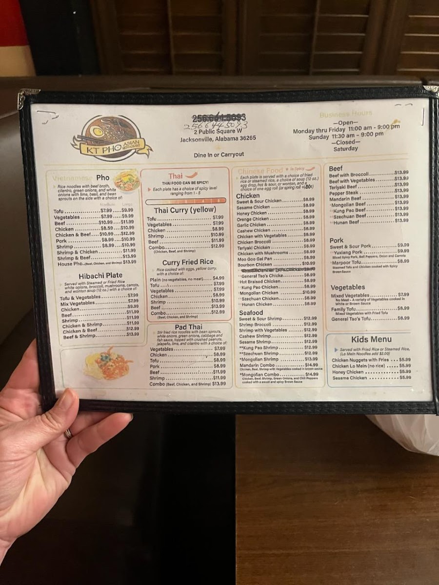 Menu Kt Pho Asian Restaurant - Jacksonville, Al-1